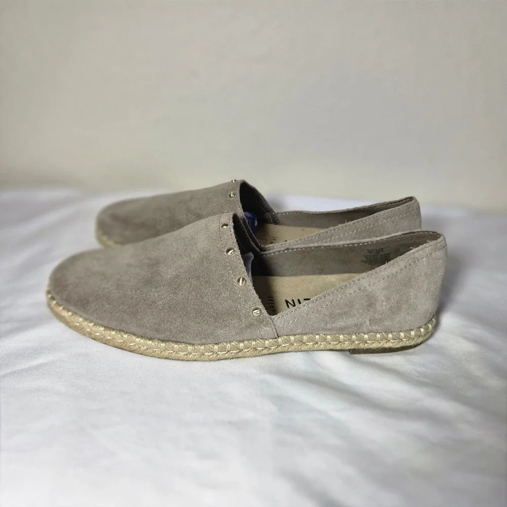 Anne Klein iFlex Suede Espadrille Flats Taupe Studded Slip On Shoes S1647